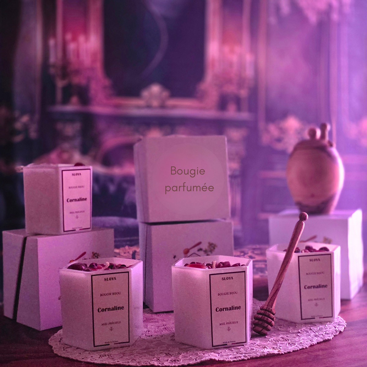 Bougie bijou Miel précieux et Cornaline
