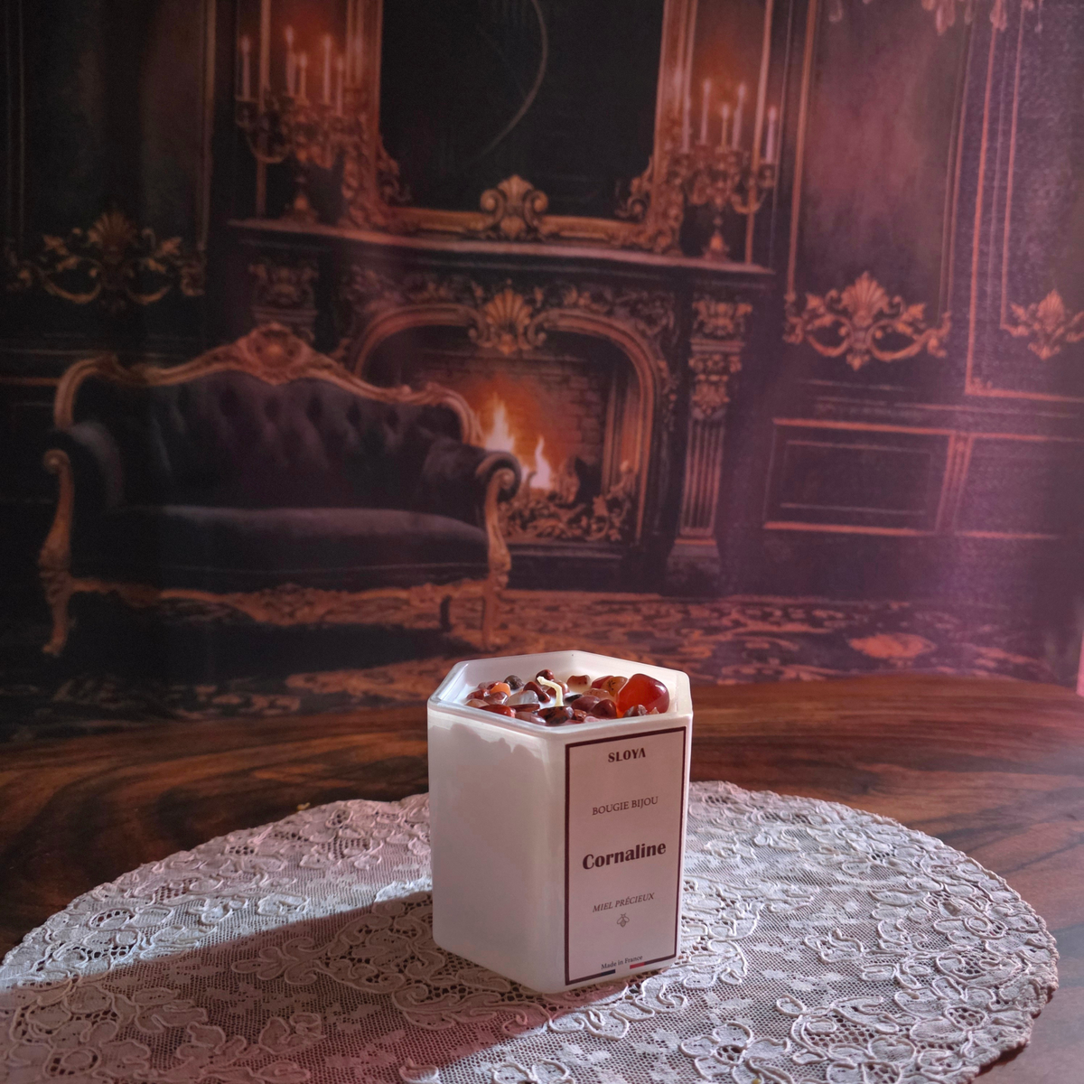 Bougie bijou Miel précieux et Cornaline
