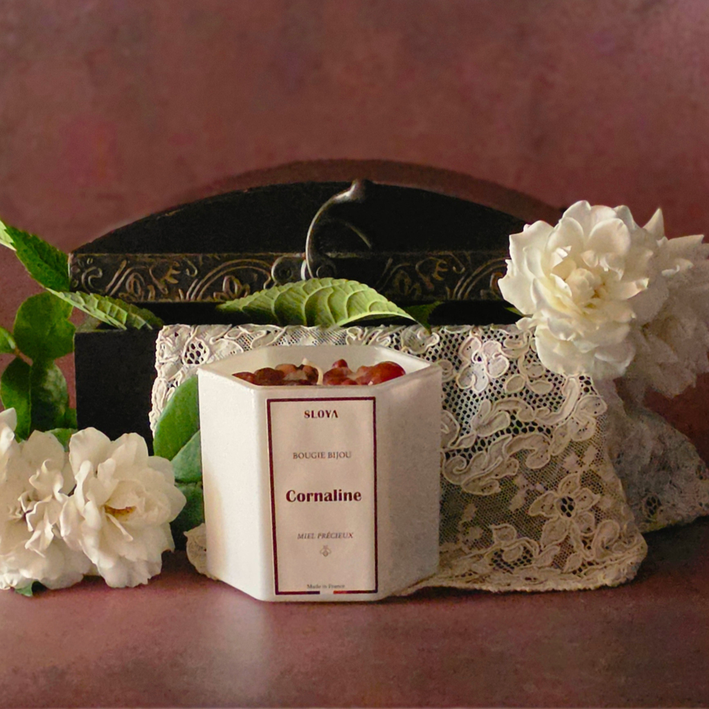 Bougie bijou Miel précieux et Cornaline