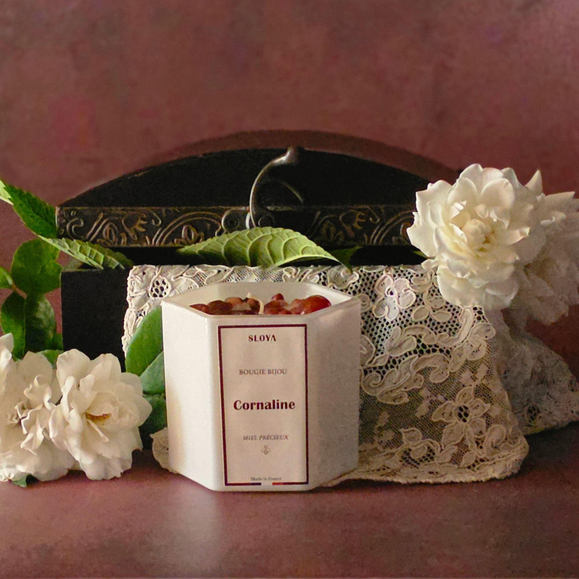 Bougie bijou Miel précieux et Cornaline