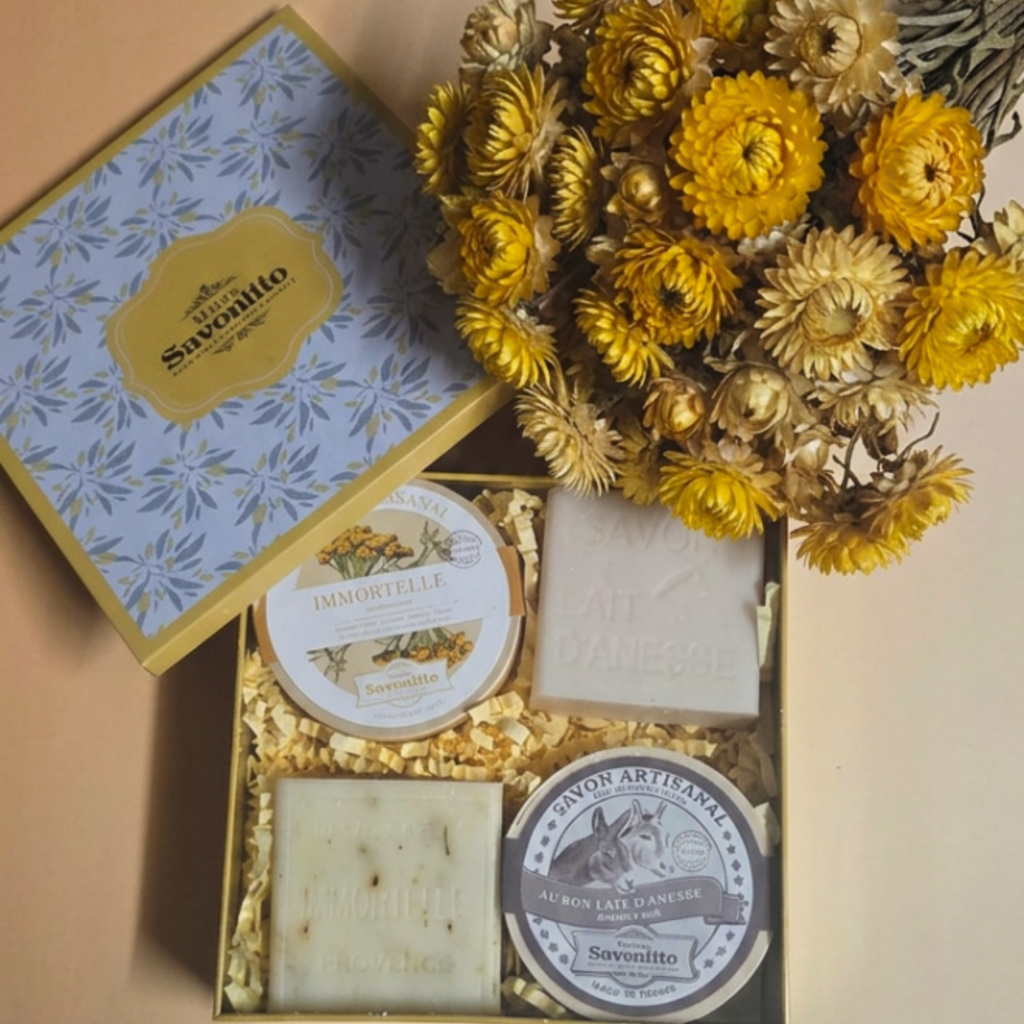 L’Écrin de Soie et d’Or – Coffret Lait d’Ânesse et Immortelle